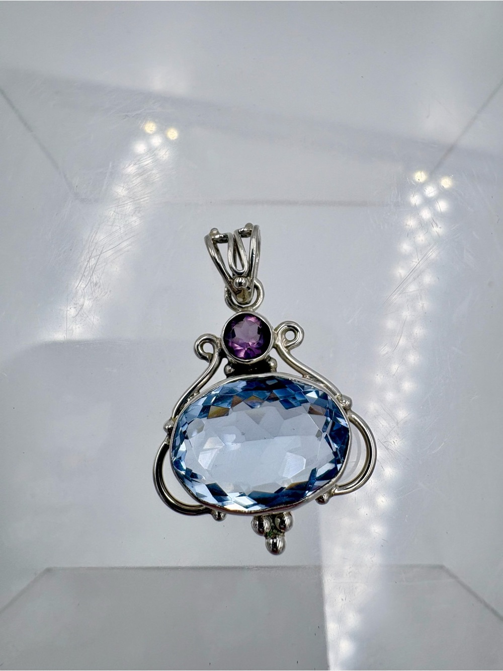 Elegant 925 Silver 10 CT Faceted Aquamarine & Amethyst Pendant - (Pendant Only) - Picture 8 of 16